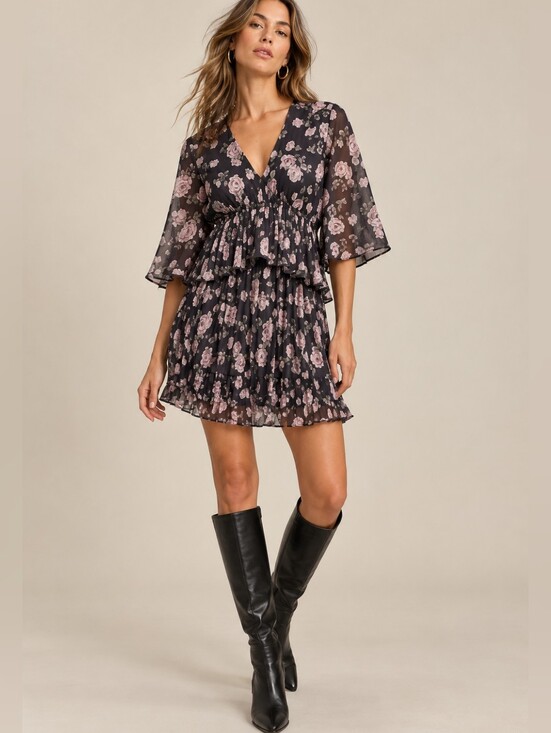 Ganni Dresses & Skirts - NWT GANNI Pleated Georgette V Neck Flounce Mini Dress In Phantom Floral Size 0